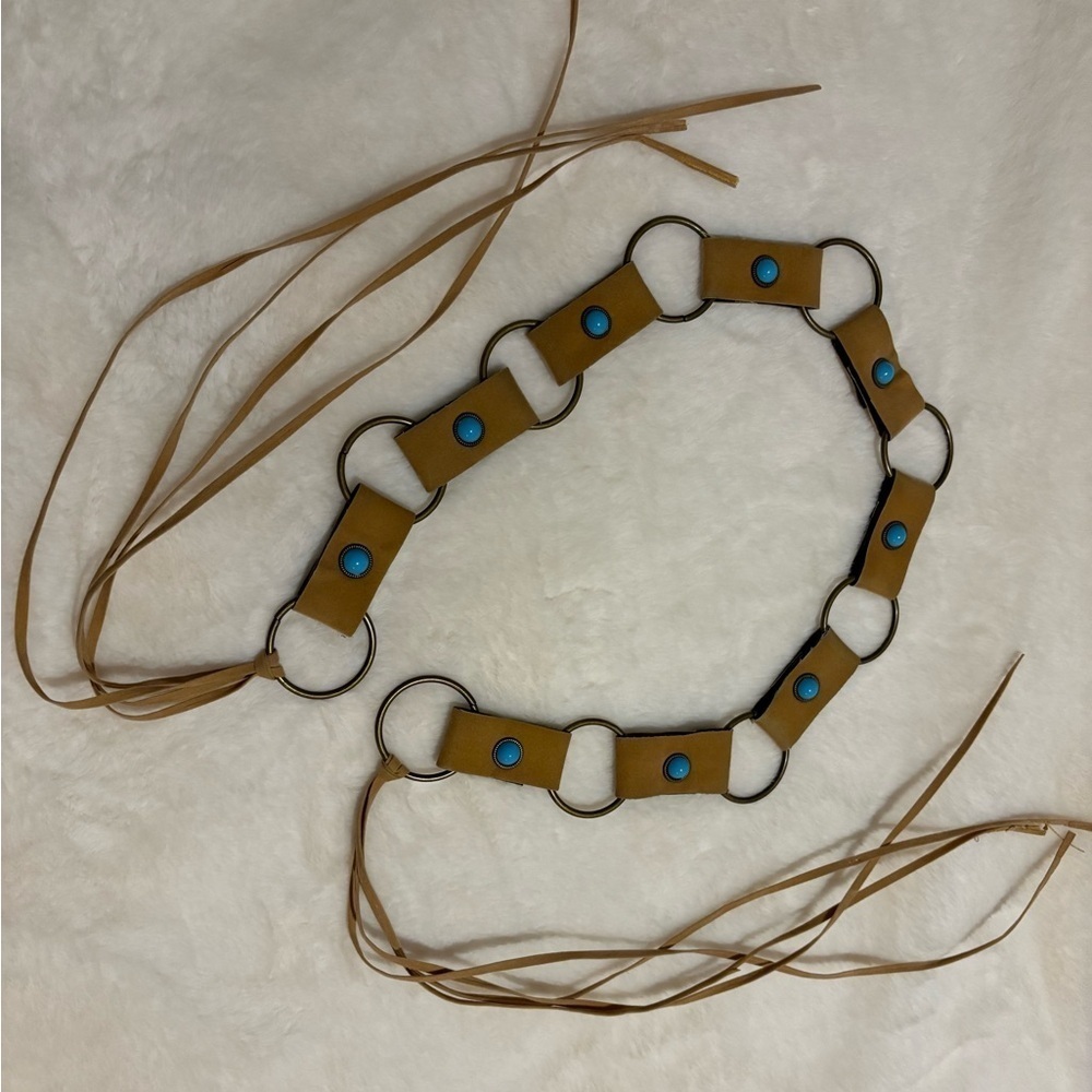 Women’s Tan Ring Belt with Turquoise Gems and Tie Waist